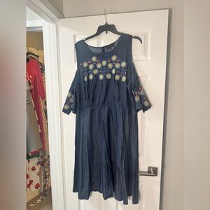 Eloquii Denim Cold Shoulder Embellished and Embroidered Dress